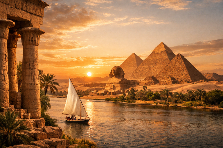 Great Pyramids of Giza and Sphinx overlooking the Nile River at sunset